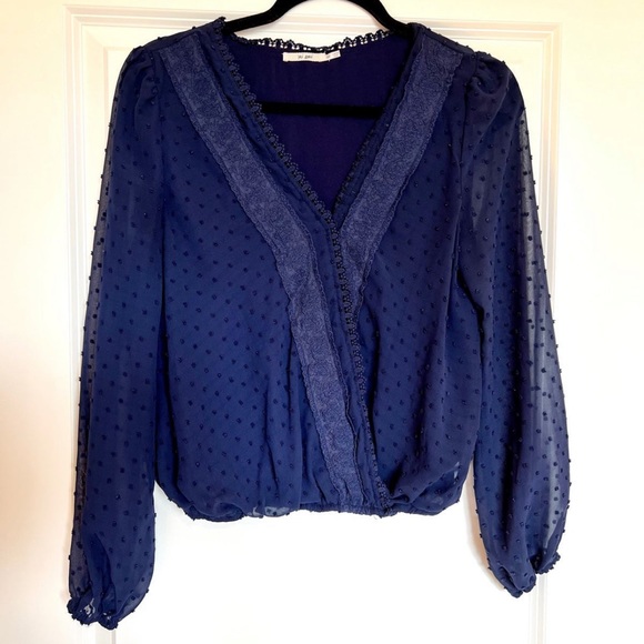 Francesca’s Long Sleeve Lace Wrap Top, Blue - Picture 1 of 5